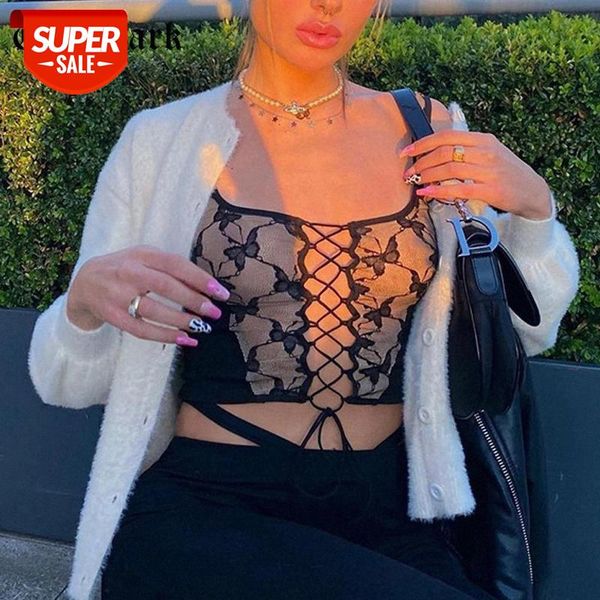 

goth dark vintage gothic aesthetic lace patchwork tank punk style bandage women crop butterfly embroidery clothes #q40f, White