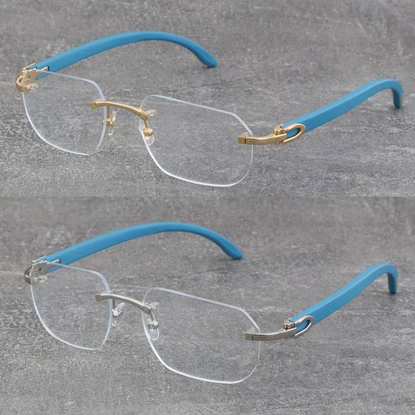 

design classical model rimless metal blue wood frames transparent myopic frame optical wooden 18k gold new frame fashion glasses 012 eyewear, Silver