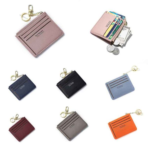 

pu card holder wallet key chain coin purses womens ladies short mini handbag bag cards package multi-function zipper pocket, Brown;gray