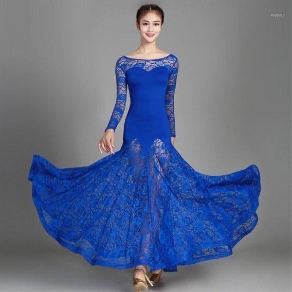 

5 colors blue red purple modern dance dress lace long sleeve ballroom dancing will pendulum dress ballroom dancing waltz1, Black;red