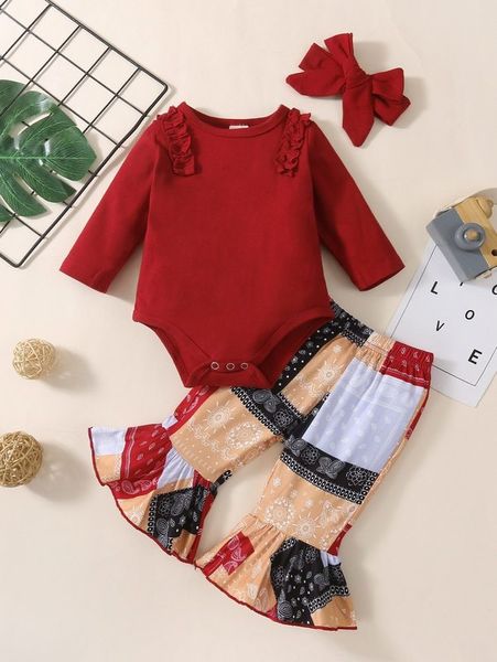 

baby frill trim bodysuit & paisley flare leg pants & headband she, White