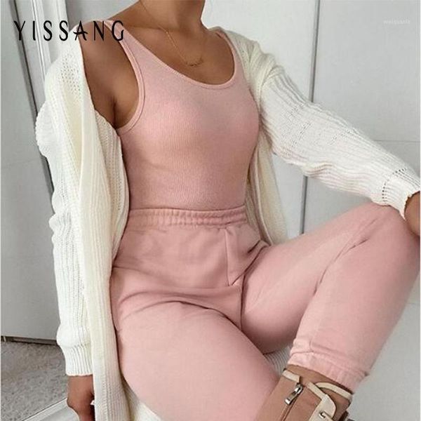 

yissang autumn knitted sweater two piece women sets o-neck crop and long pants suit 2 piece set female casual clothes1, Gray