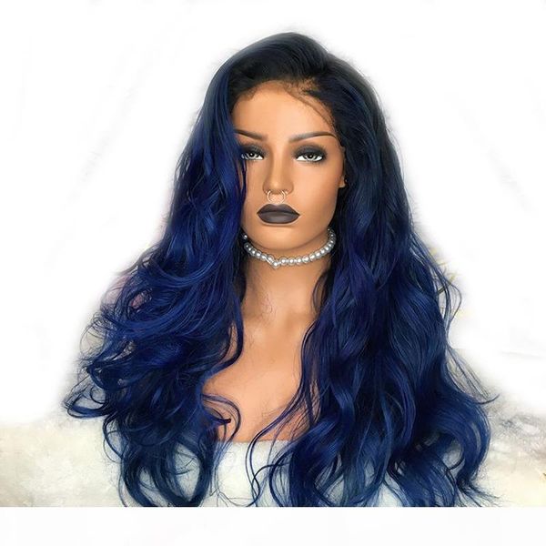 

ombre blue natural wave heat resistant hair women wedding party halloween present synthetic lace front daily wigs with baby hair, Black