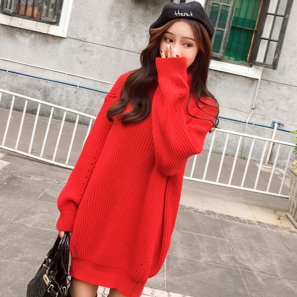 

autumn winter red thickened high neck sweater 2020 new women's middle and long style loose outer pullover, White;black