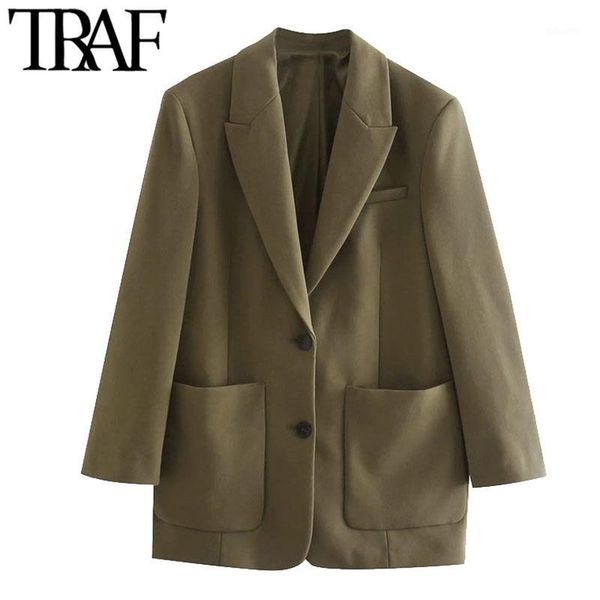 

traf women fashion with pockets oversized blazers coat vintage long sleeve back vents female outerwear chic 1, White;black