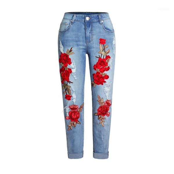 

women flower embroidery boyfriend jeans ripped hole distressed loose slim fit stretch straight jean trousers frayed denim pants1, Blue