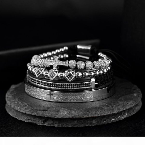 

4pcs set men steel carving spanish scripture bangle micro zircon cross bracelet pulseira bileklik luxury handmade jewelry, Golden;silver
