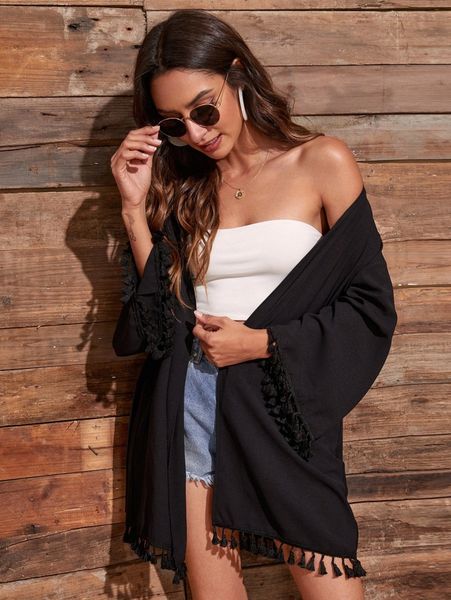 

tassel trim self tie kimono z1xg#, White;black