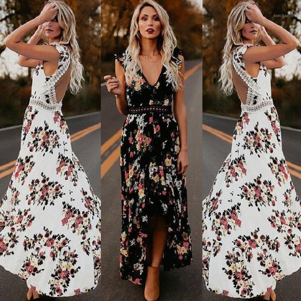 

yoga outfits women boho backless irregular floral printed dress 2021 summer deep v trim long lace maxi dresses open back party vestidos1, White;red
