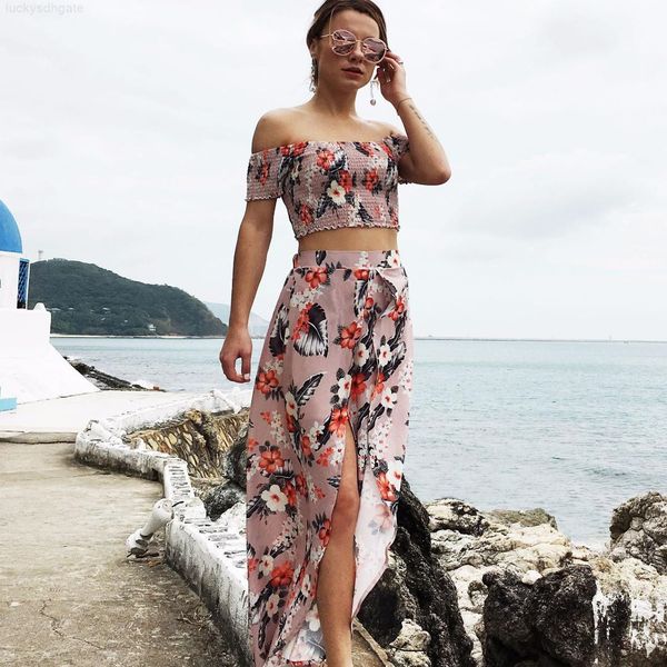 

off-shoulder two-piece suit fashion short-sleeved printed split casual chiffon bohemian dress, White