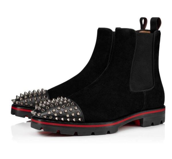 

with box] red bottom sneaker men boot suede leather melon motorcycle ankle boot martin boots rivet for men blended fabrics leather boots, Black