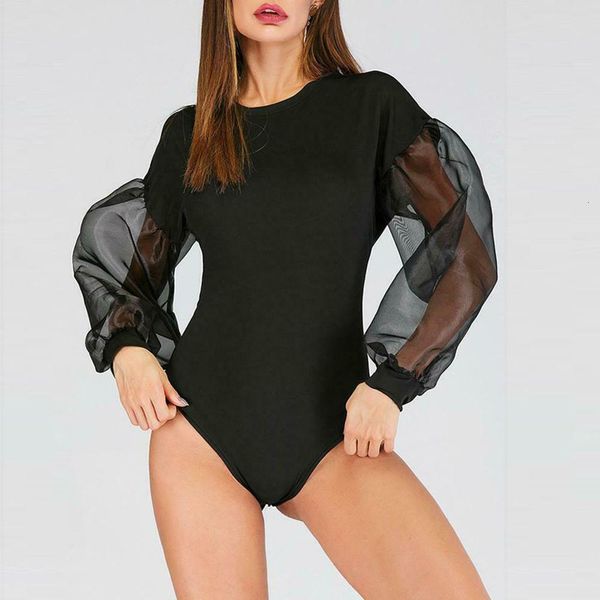 

fashion women black o-neck skinny perspective splice solid long sleeve elastic leotard romper bodysuit #4j10, Black;white