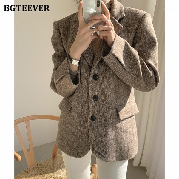 

bgteever elegant vintage loose single-breasted suit jackets for women 2020 autumn winter pockets thicken female blazer1, White;black