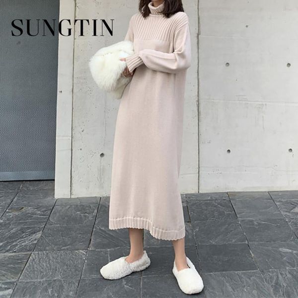 

sungtin turtleneck knitted long sleeves women dress pullover sweater thick warm sweater dress female long straight women's, Black;gray