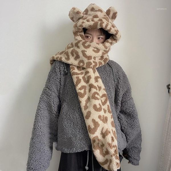 

new design cute leopard print hat and scarf with ears warm soft faux fur autumn winter funny personality trend caual hat1, Blue;gray