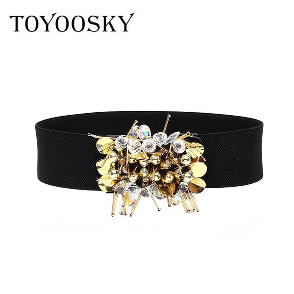 

new elegant women wide elastic belt bling rhinestone flower tassels solid all-match waistband alloy double snap belts for woman, Black;brown