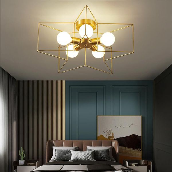 

nordic led bedroom chandelier five-pointed star golden copper e27 ceiling lamp for nursery children's room corridor fixtures