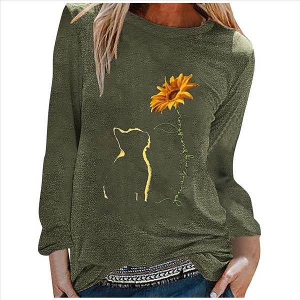 

women 2020 summer fashion autumn t shirt loose cat sunflower soft causal long sleeve t shirt haut femme harajuku, White