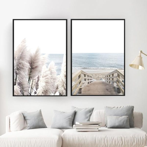 

coastal wall art canvas painting pastel beach landscape posters and prints pampas grass wall pictures for living room home decor