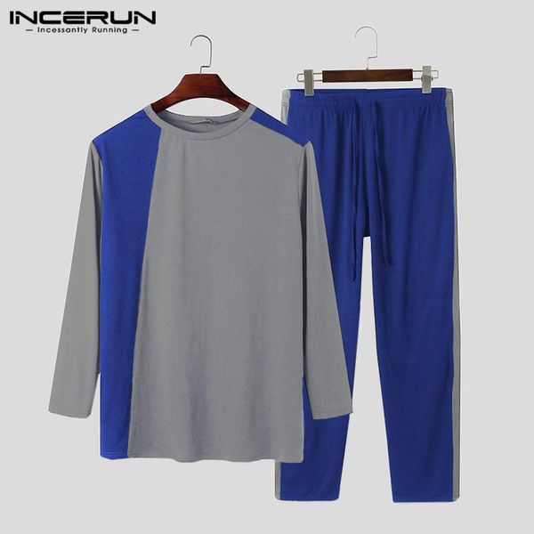 

men pajamas sets patchwork fitness long sleeve o neck sleepwear pants leisure 2020 cozy mens nightwear sets homewear 5xl incerun, Black;brown