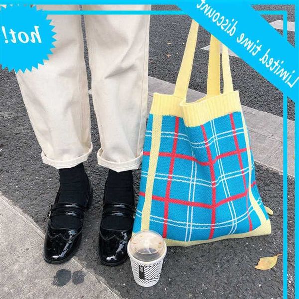 

910319 check knitted contrast korean chic women's simple college style large capacity portable shopping shoulder bag