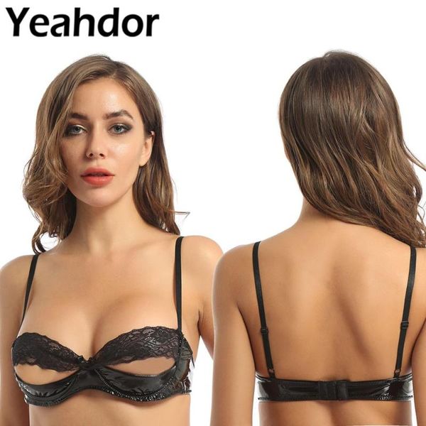 

bras womens lace patent leather open cup bra lingerie hollow out unlined adjustable shoulder strap erotic underwear, Red;black