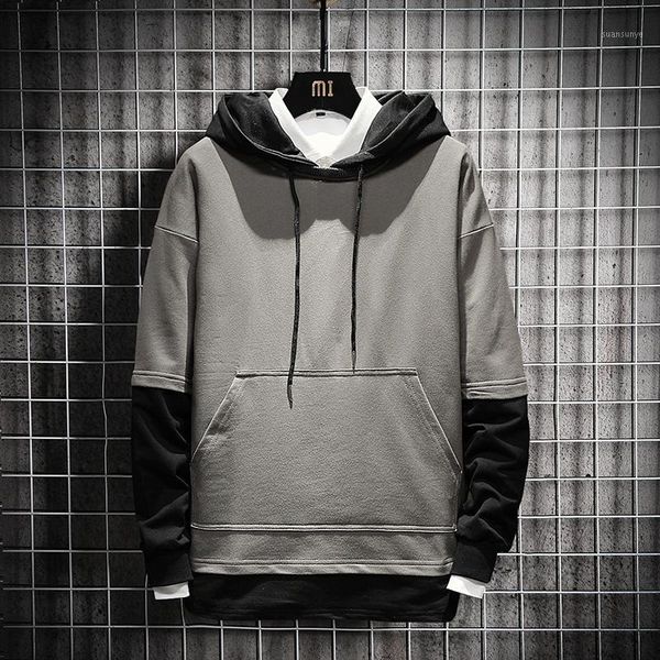 

mens hoodies casual patchwork streetwear hip cotton hooded sweatshirt loose men pullover1, Black