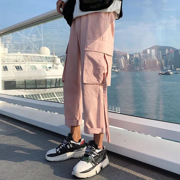 

cargo pants men casual overalls plus size streetwear trousers men's fashion black pink trackpants pockets baggy ribbons hip hop1