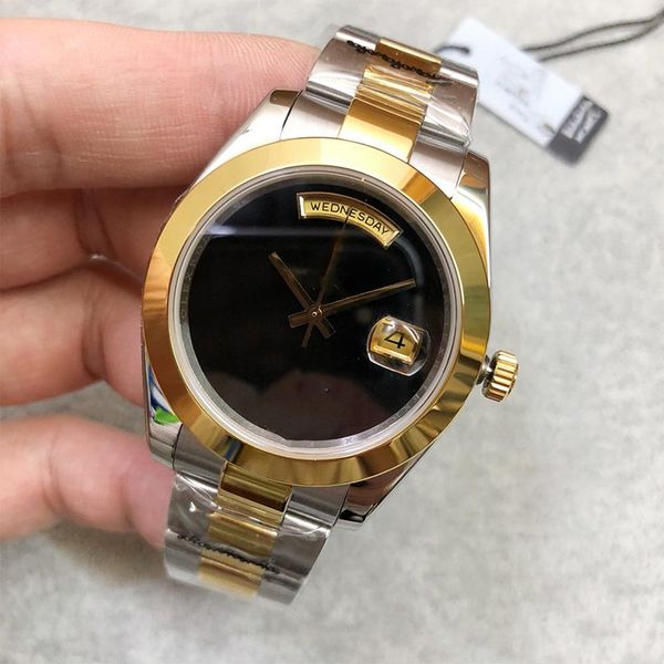 

new two tone day date 40mm black dial smooth bezel automatic mechanical sapphire glass mens wristwatches, Slivery;brown