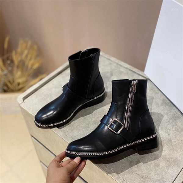 

boots women small metal chain buckle zipper all-match fashion genuine leather shoes keep warm in autumn and winter shoes1, Black