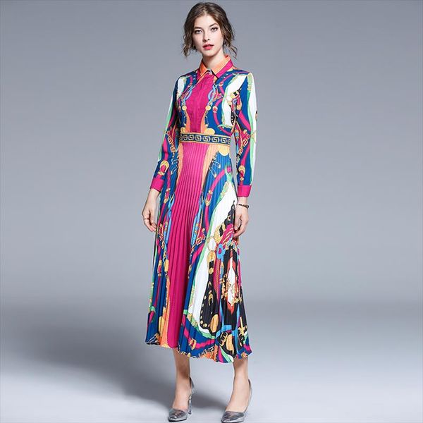 

2019 early autumn new womens european station catwalk models contrast color printed long sleeved lapel pleated midi dress, Black;gray