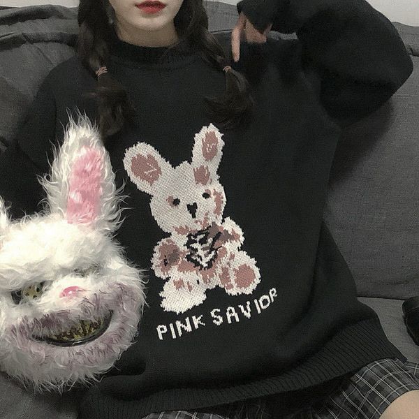 

autumn winter harajuku bunny knitting sleeve sweater casual long women tide printed sweater loose boyfriend pullover gothic punk c1121, White;black