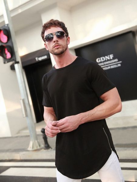 

men zip side curved hem tee u1pm#, White;black