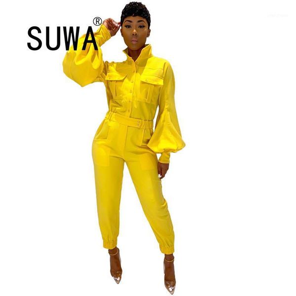 

new product 2020 solid color long puff sleeve skinny club party jumpsuit overalls for women fall winter clothing1, Black;white