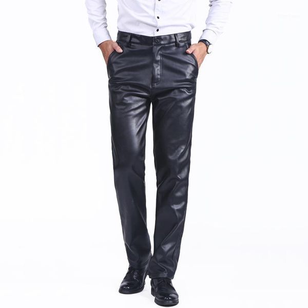 

men's pants thoshine brand spring aumumn men leather high waist straight moto & biker trousers male pu faux casual pants1, Black