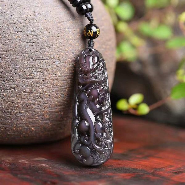

pendant necklaces natural obsidian stone pixiu manual rope brave troops necklace fashion jewelry for gift dropship, Silver