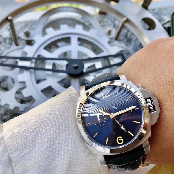 

christmas presentluxury automatic movement 44mm watch men blue dial glass back leather band montre homme, Slivery;brown