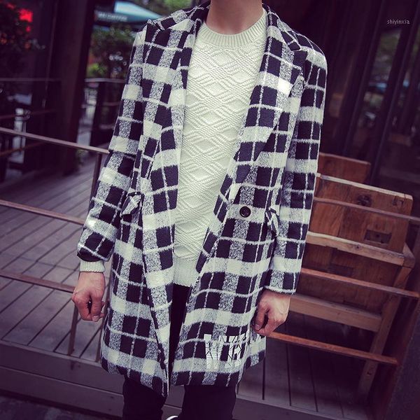 

2020autumn and winter wear black and white plaid lapel coat men's korean version of the middle long windbreaker men's jacket1