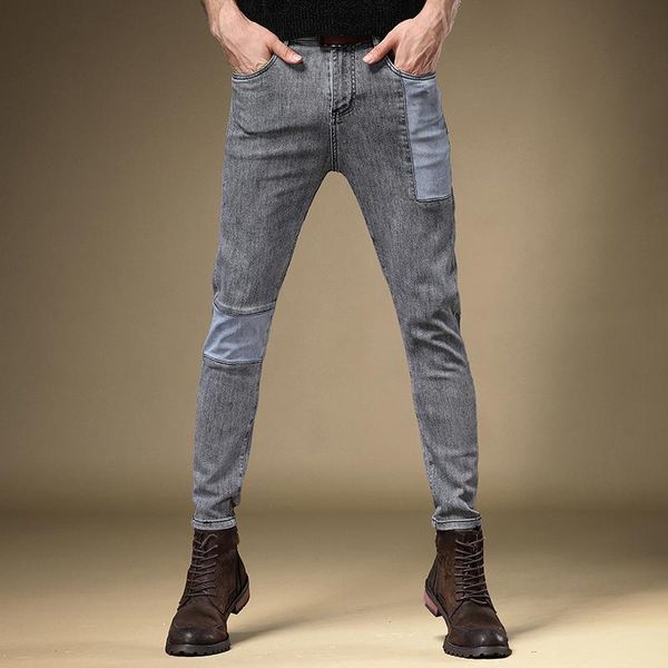 

men gray patchwork jeans fashion cotton stretch denim slim fit pencil pants, Blue