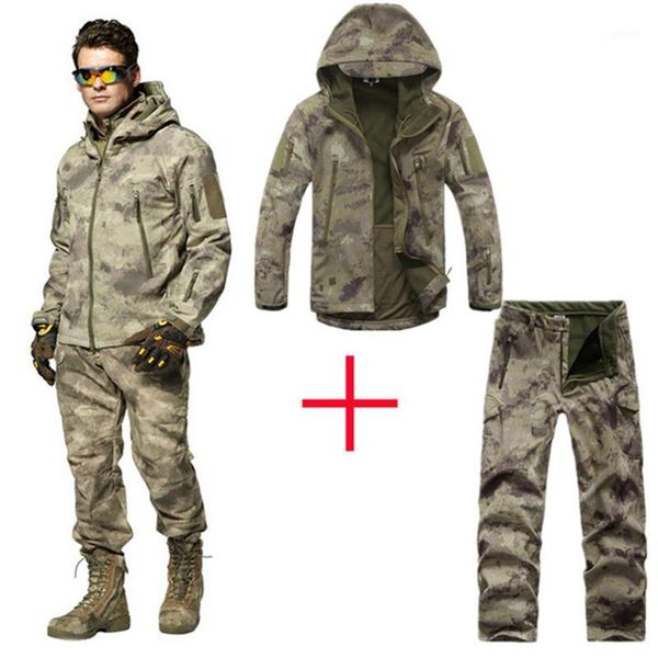 

men outdoor waterproof jackets tad soft shell hunting fleece camouflage clothes tactical camping hiking windbreaker jacket+pants1, Blue;black
