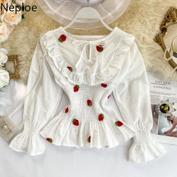 

neploe japanese autumn sweet blusas fruits embroidery pullover o-neck lace up blouse pleated slim waist ruffle shirt 1a4061, White