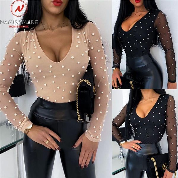 

fashion women spring autumn slim t-shirts mesh patchwork design bead decor v-neck long sleeve solid color slim pullovers, White