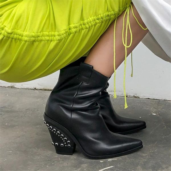 

boots pxelena 2021 punk gothic crystal chunky block high heel genuine leather motorcycle women western cowboy biker autumn shoes, Black