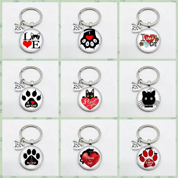 

very cute pet cat keychain cats beautiful men women paw footprint pattern keyring good friend pendant keychains favorite cat essential, Silver