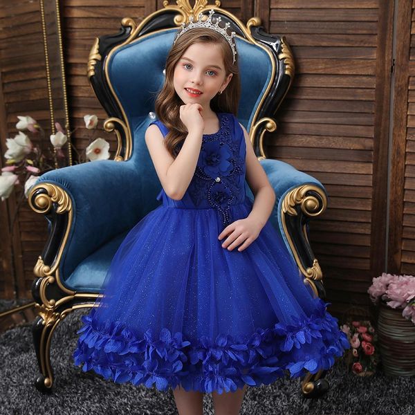 

children' wedding clothing for kids 2 to 10 years old grace flower girl dress for party, White;blue