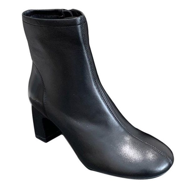 

boots luxury simple style genuine leather ankle fashion winter high heel short ladies square women zip, Black