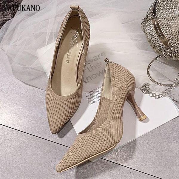 

dress shoes fashion knitted breathable women pumps 2021 pointed toe high heels lady wild comfortable thin heel office work, Black