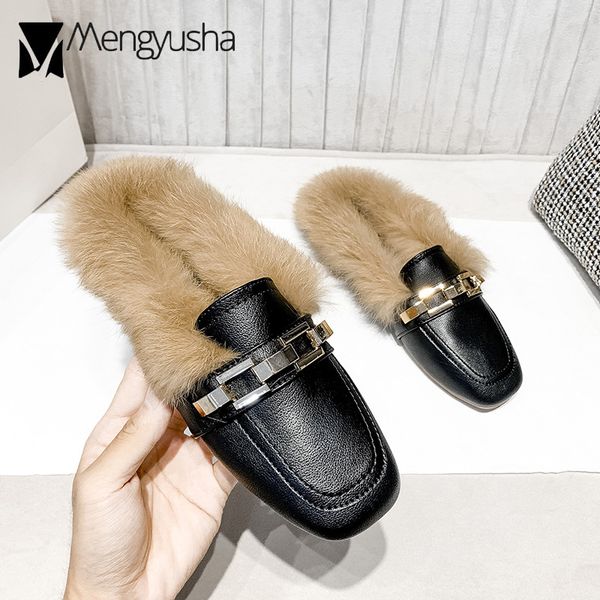 

square toe metal chains leather women rabbit fur winter slides cozy plush padded mules 32 43 big size fluffy slippers y1120, Black