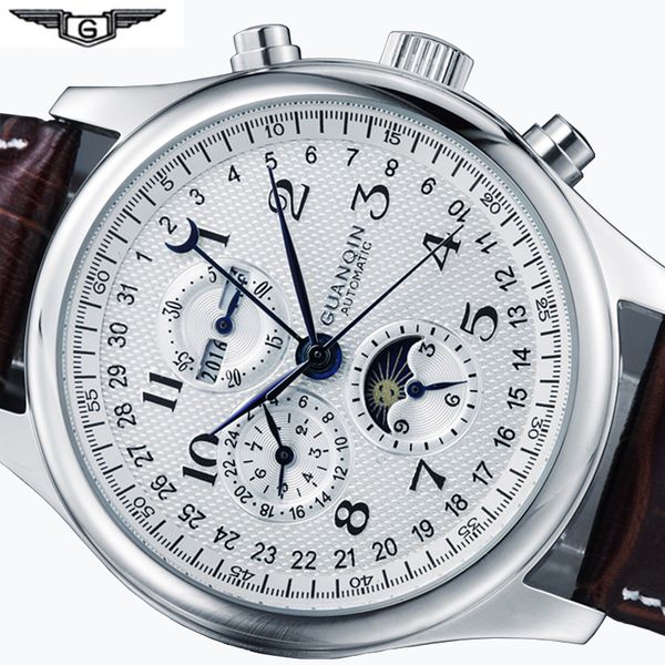 

mens mechanical watches mens watches brand luxury date week moon phase watch men leather waterproof automatic watch clock y200414, Slivery;brown