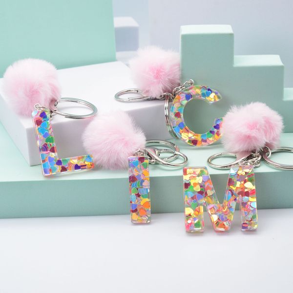 

creative love sequin keychain resin epoxy 26 glitter english letter ornaments pink pompom keychains charm bag keyring gifts, Blue